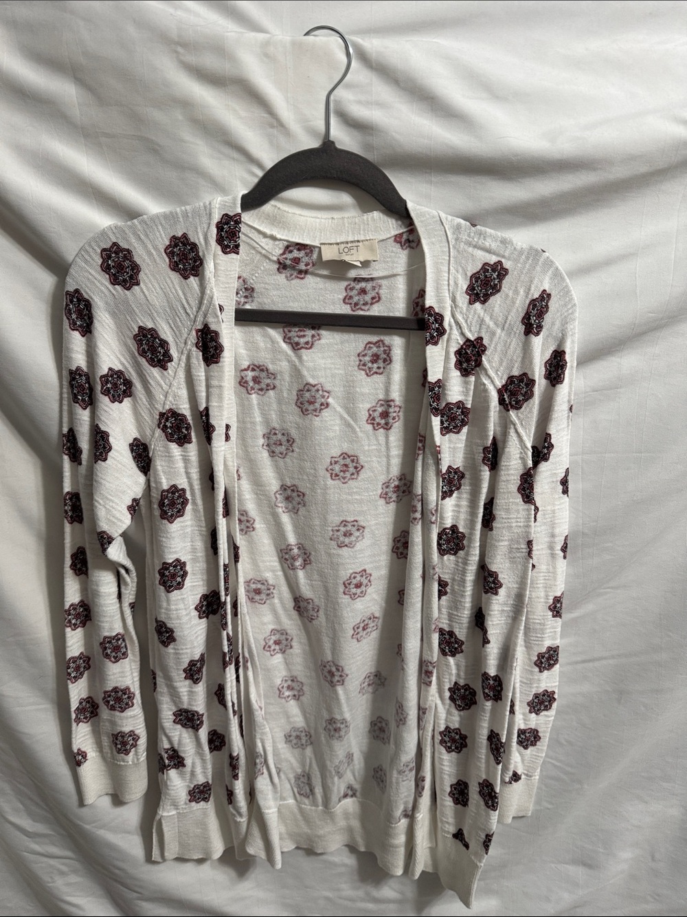 LOFT White Cardigan with Maroon Floral Medallions
